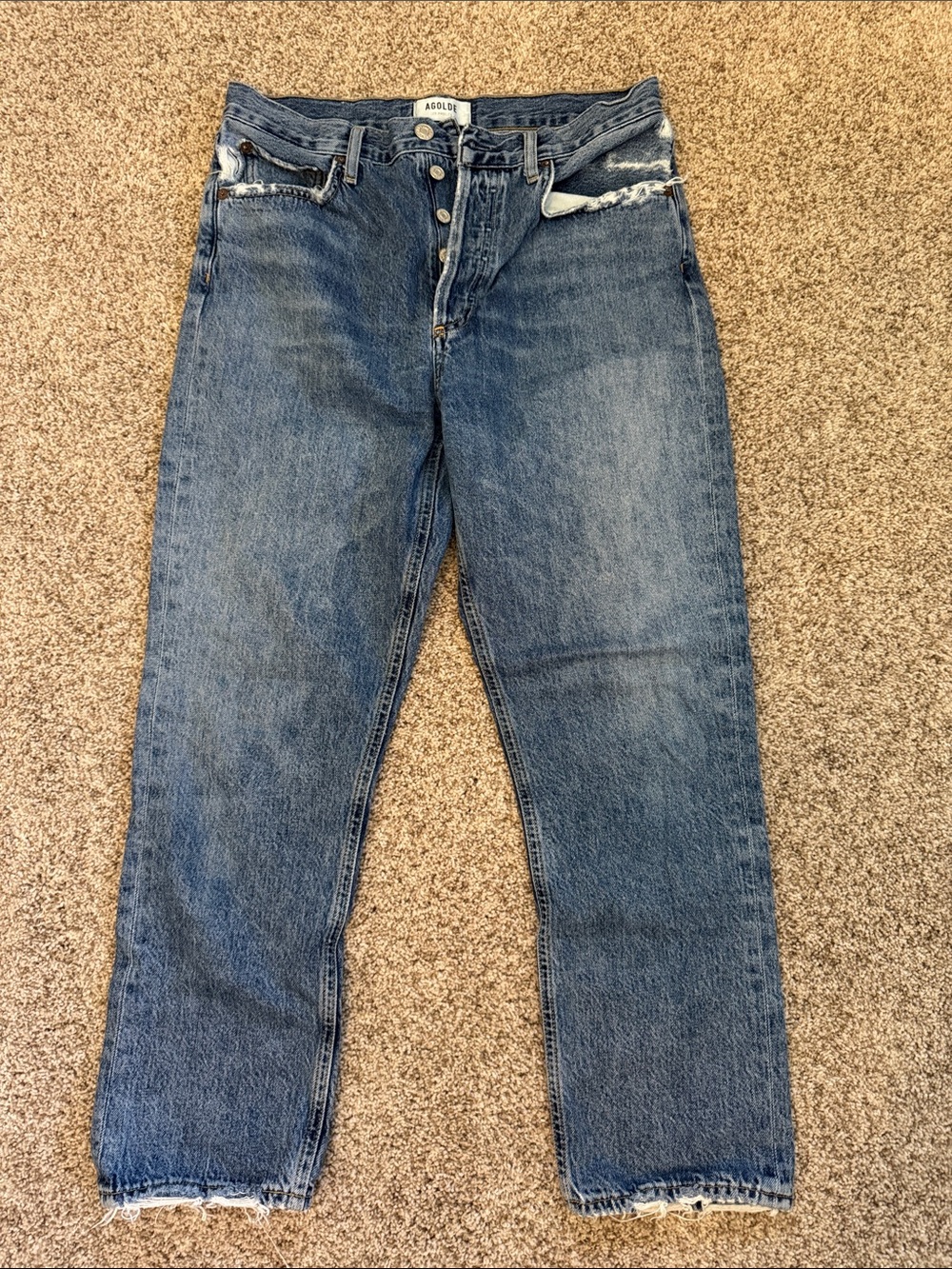 Agolde Women’s Washed Blue Straight-Leg Jeans w/ Distressing size 28